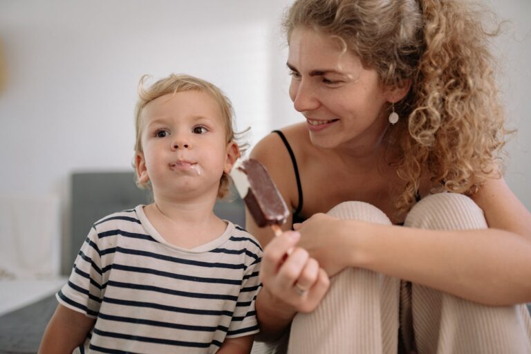 mother and son eating ice cream